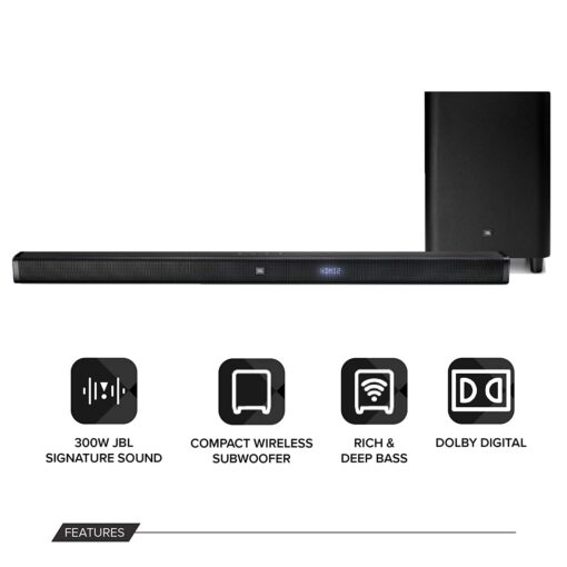 JBL Bar 2.1 Soundbar with Wireless Subwoofer (300 Watts, 4 Woofers, Dolby Digital, Surround Sound) 2