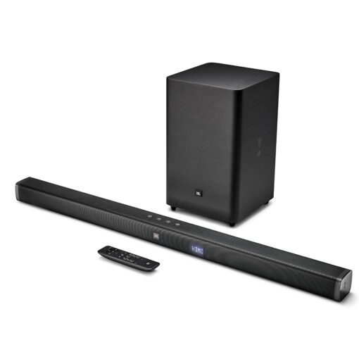 JBL Bar 2.1 Soundbar with Wireless Subwoofer (300 Watts, 4 Woofers, Dolby Digital, Surround Sound) 1