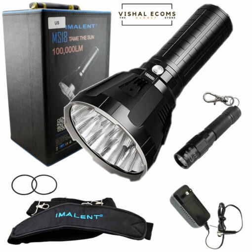 Imalent MS18 Flashlight LED Rechargeable Bright Light with 100,000 Lumens - Case has a Strap, Charger, O-Rings - Bundle includes a Lumintrail LTK-10 Keychain Light