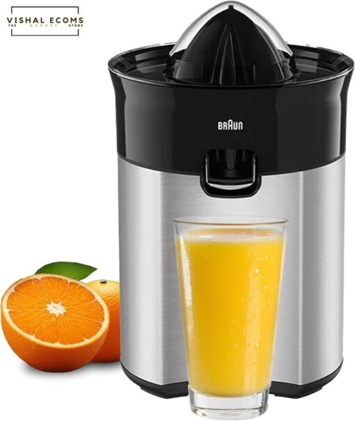 Braun Citrus Juicer CJ 5050, Direct Juice Spout, Anti-Drip Spout, Automatic Start/Stop, Easy Cleaning, Direct Serving System, Includes Protective Lid, 60 Watts, Black Metal